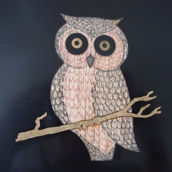 Vintage Couroc 10.5" Owl Black Round Serving Tray Plate Brass Wood Inlay MCM - Picture 3 of 8